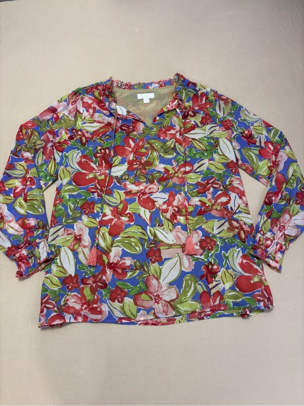 Belle by Kim Gravel Blue Floral Tie-Neck Blouse w/ Red and Green Accents Medium